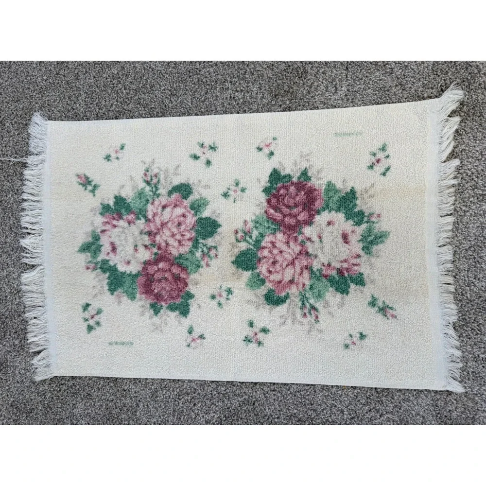 Vintage Franco Floral Rose Towel Set 4pc Pink Burgundy Fringe Made‎ in USA